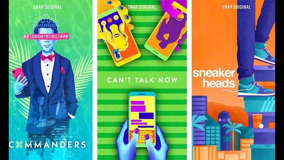 Artwork for three Snap Originals: Commanders, Can't Talk Now, and Sneaker Heads.