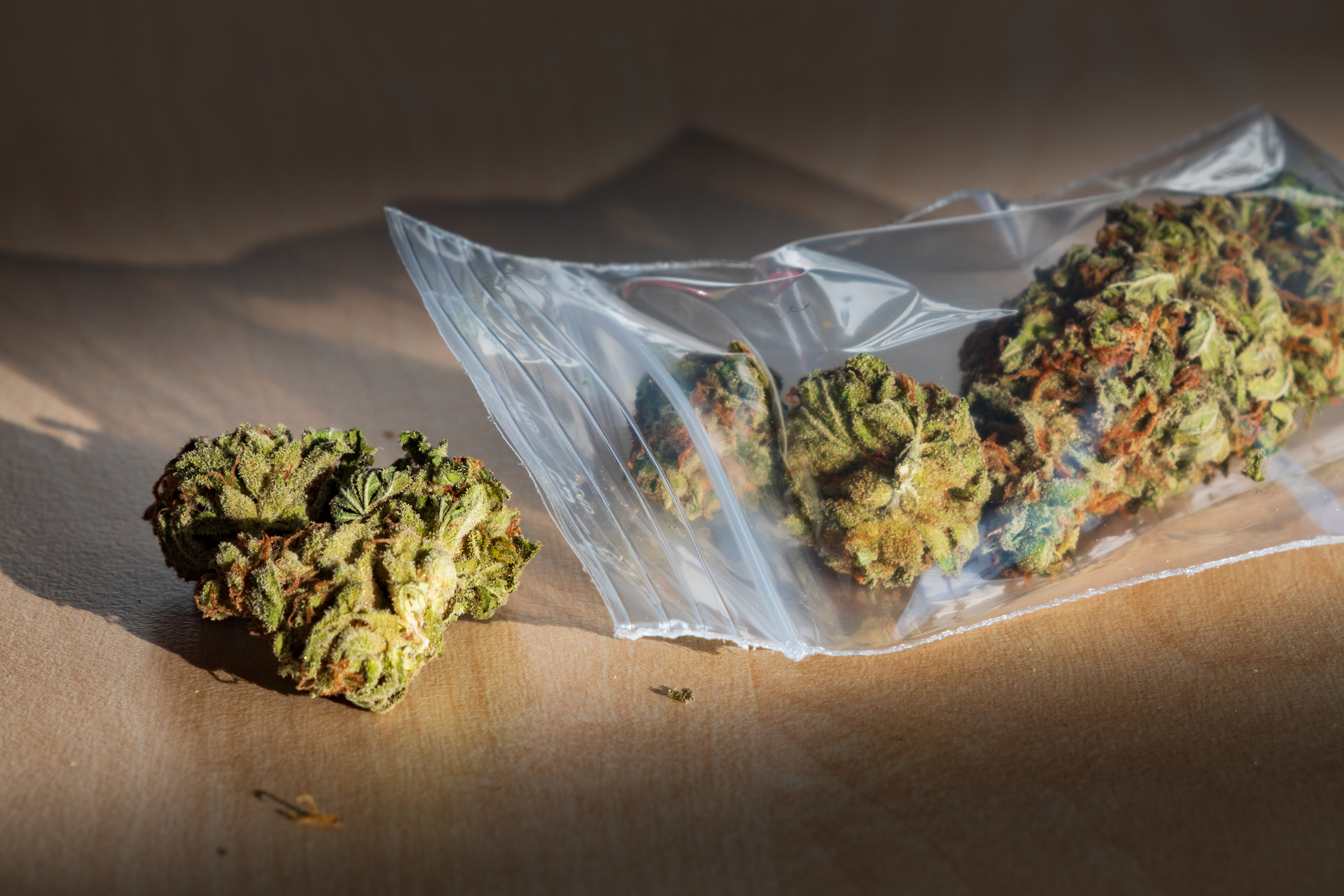 A little plastic bag with a marijuana nugget on it