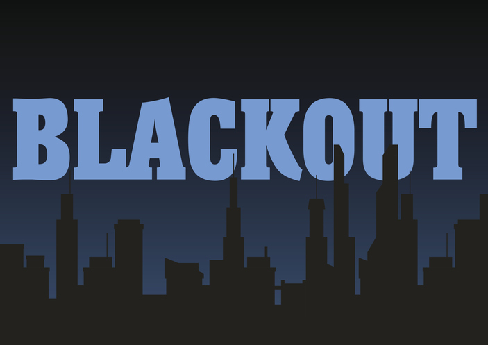 Blackout written in light blue capital letters with a darkened city skyline in the background. inutyight