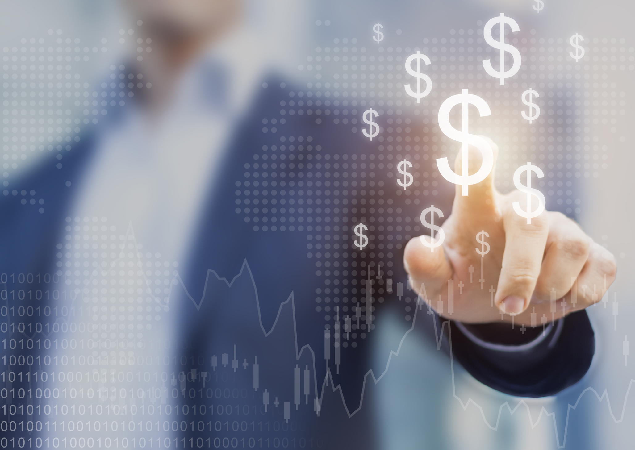 Man pointing to images of dollar signs with images of stock charts and a map of the world appearing more dimly