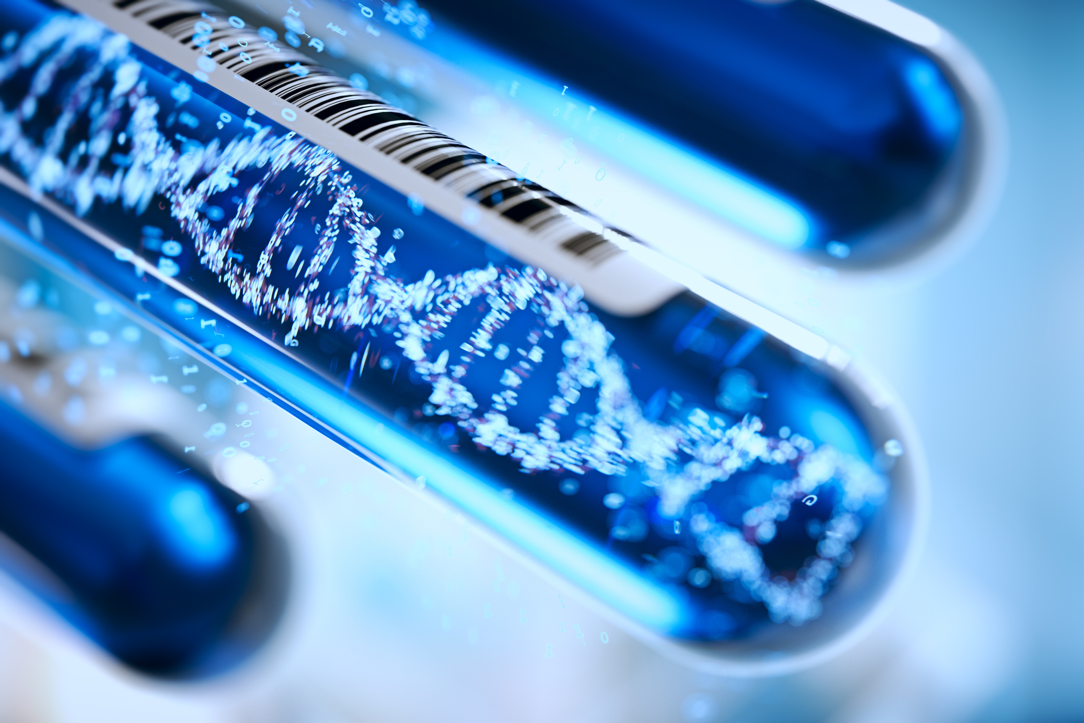 Test tubes with images of a DNA helix in one of the test tubes.