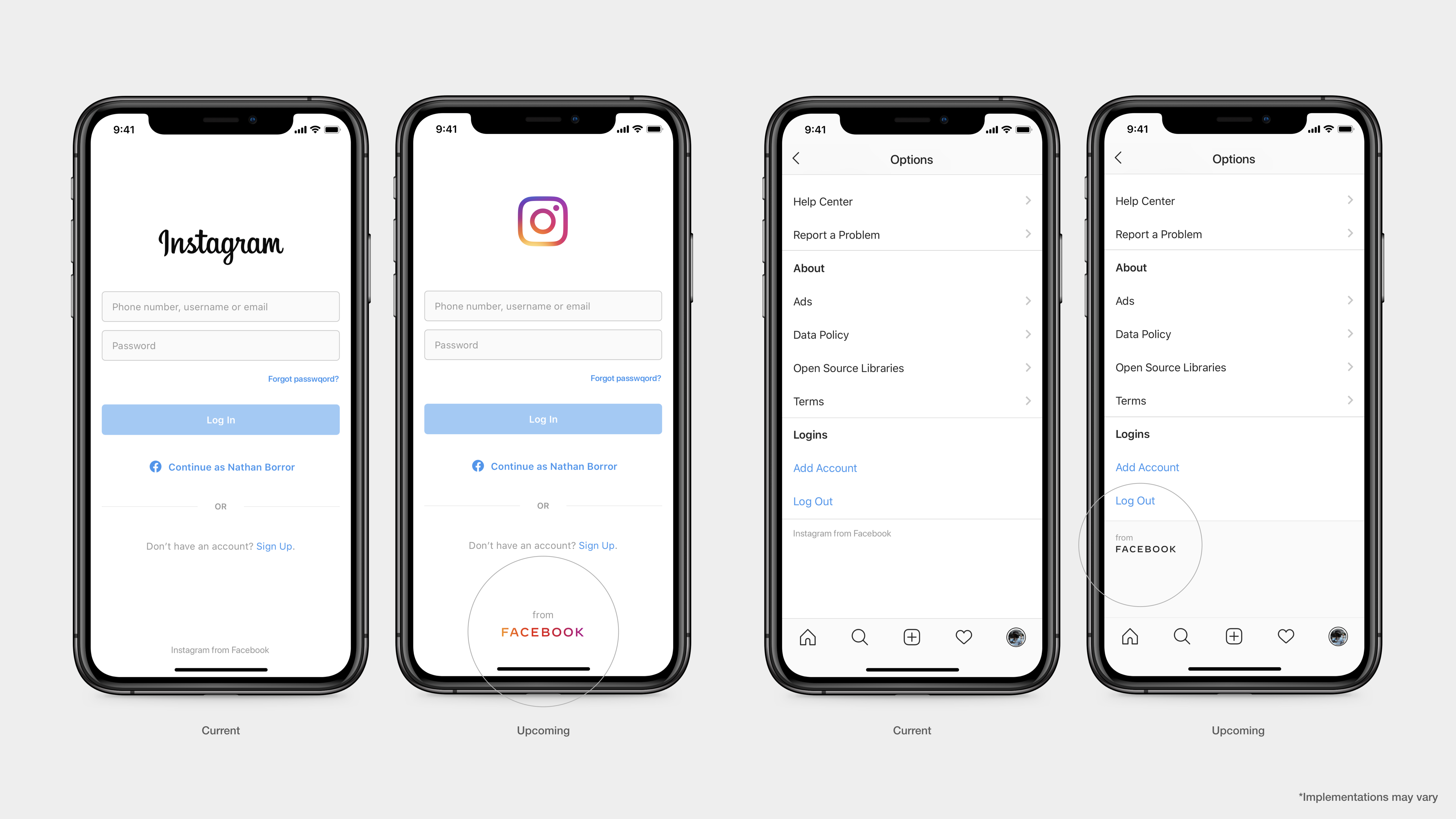 Upcoming new branding in Instagram app displayed on four smartphones