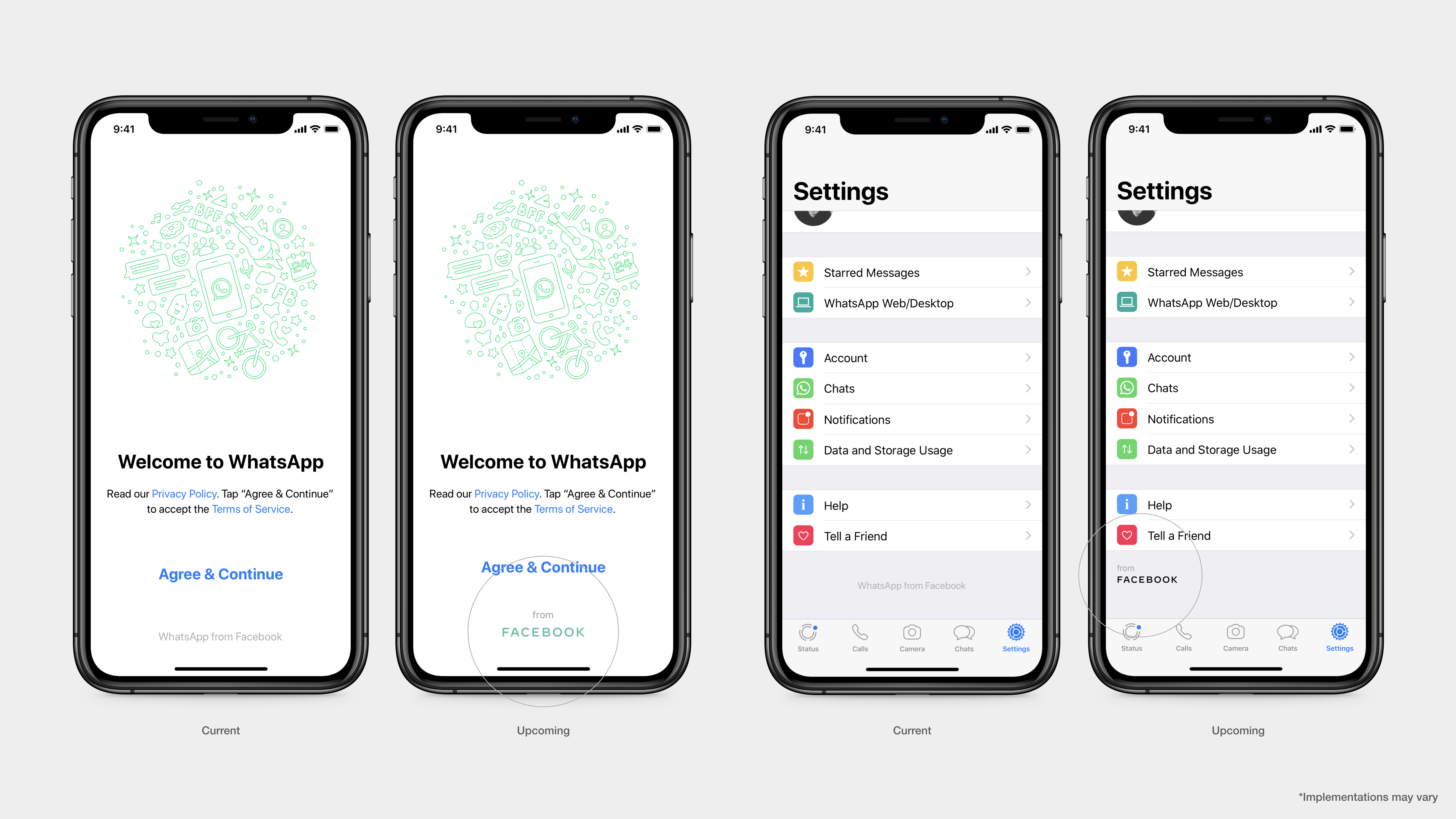Upcoming new branding in WhatsApp displayed on four smartphones