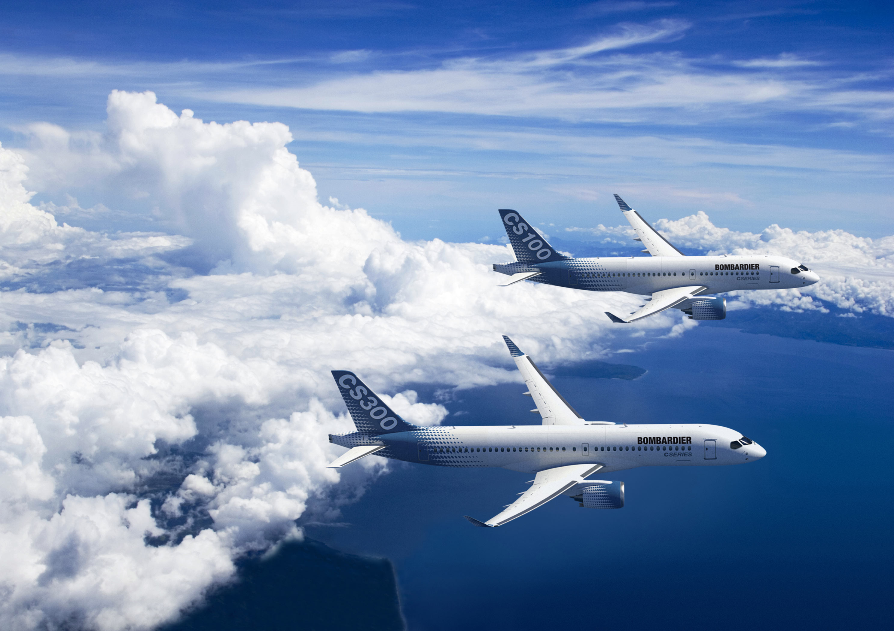 Two A220 jets flying in formation in an artist rendering.