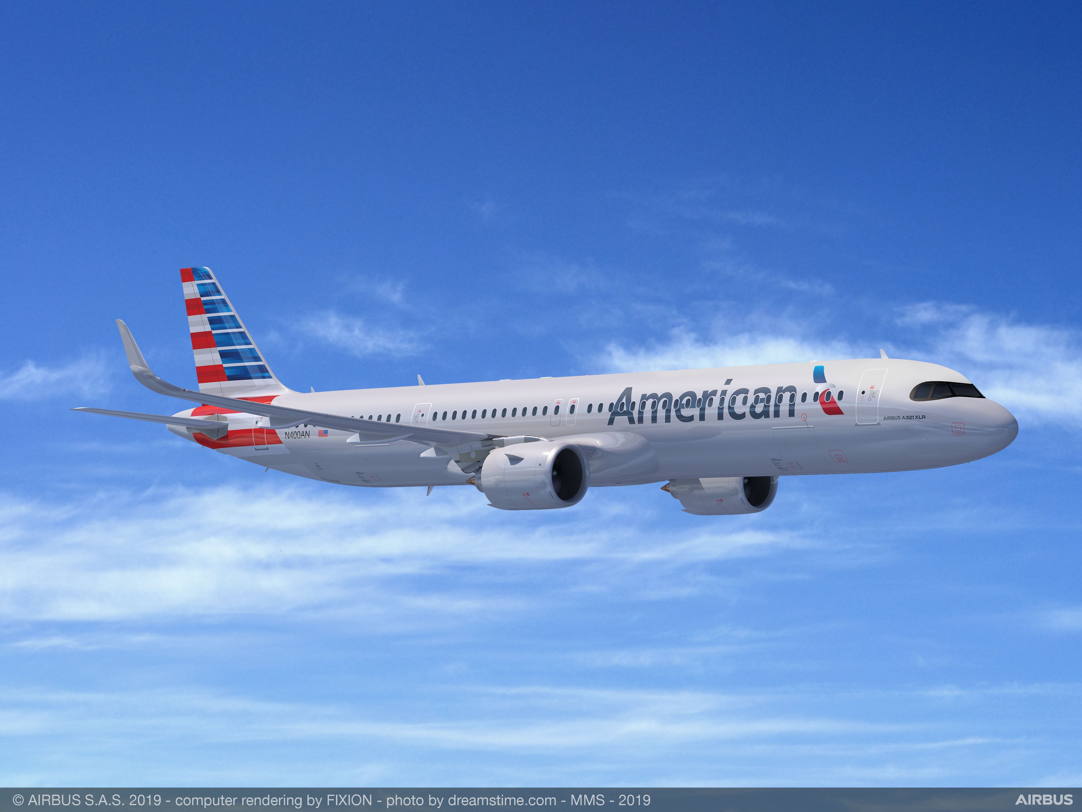 A rendering of an American Airlines A321XLR in flight.