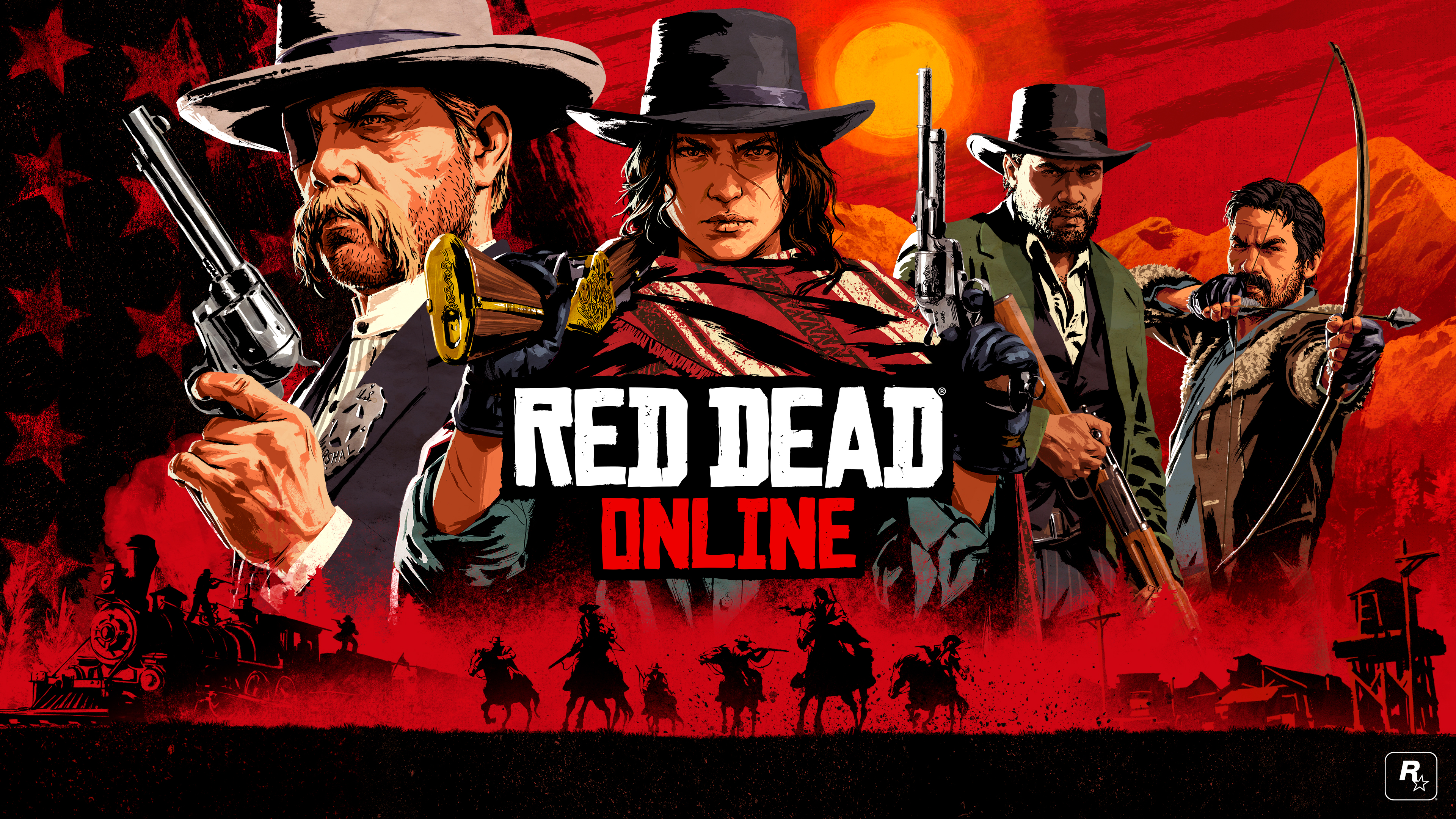 Game art for Red Dead Online depicting four characters wearing cowboy hats and holding weapons.