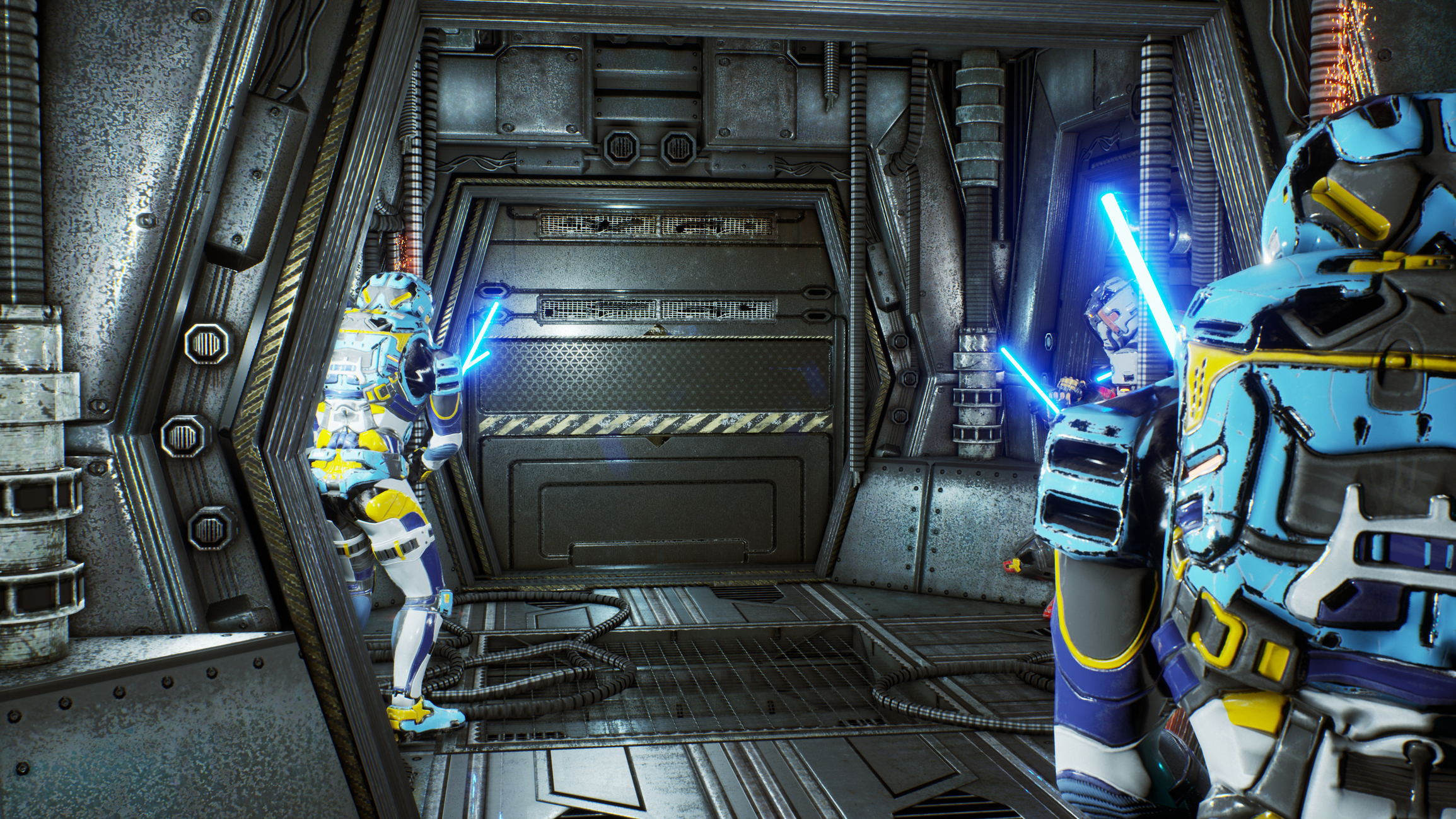 Four soldiers in space suits holding light sabers wait outside a space ship door