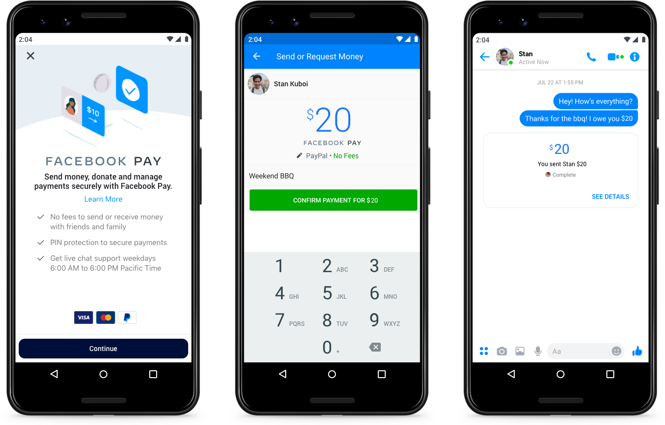 Three smartphones displaying screenshots depicting the use of Facebook Pay in Messenger.