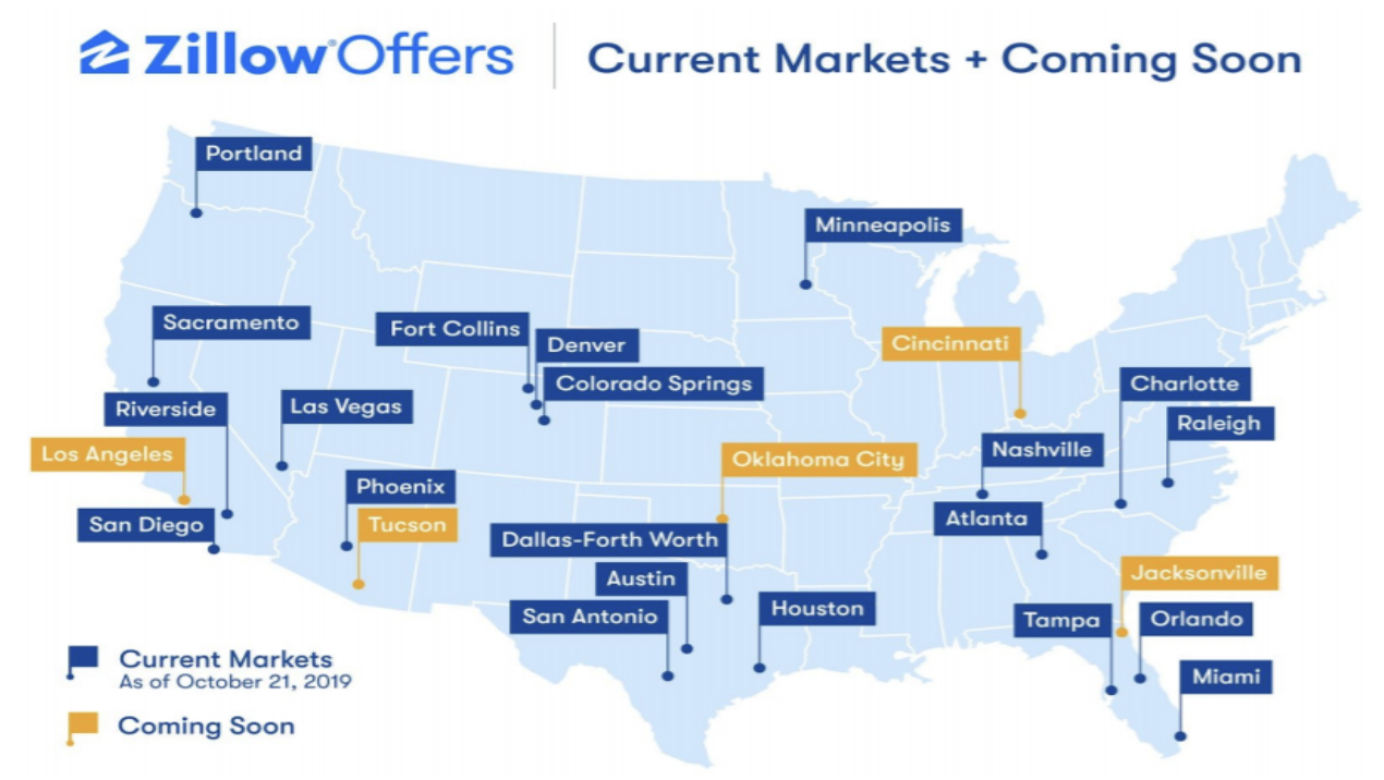 A map of Zillow Offers' current markets throughout the U.S.
