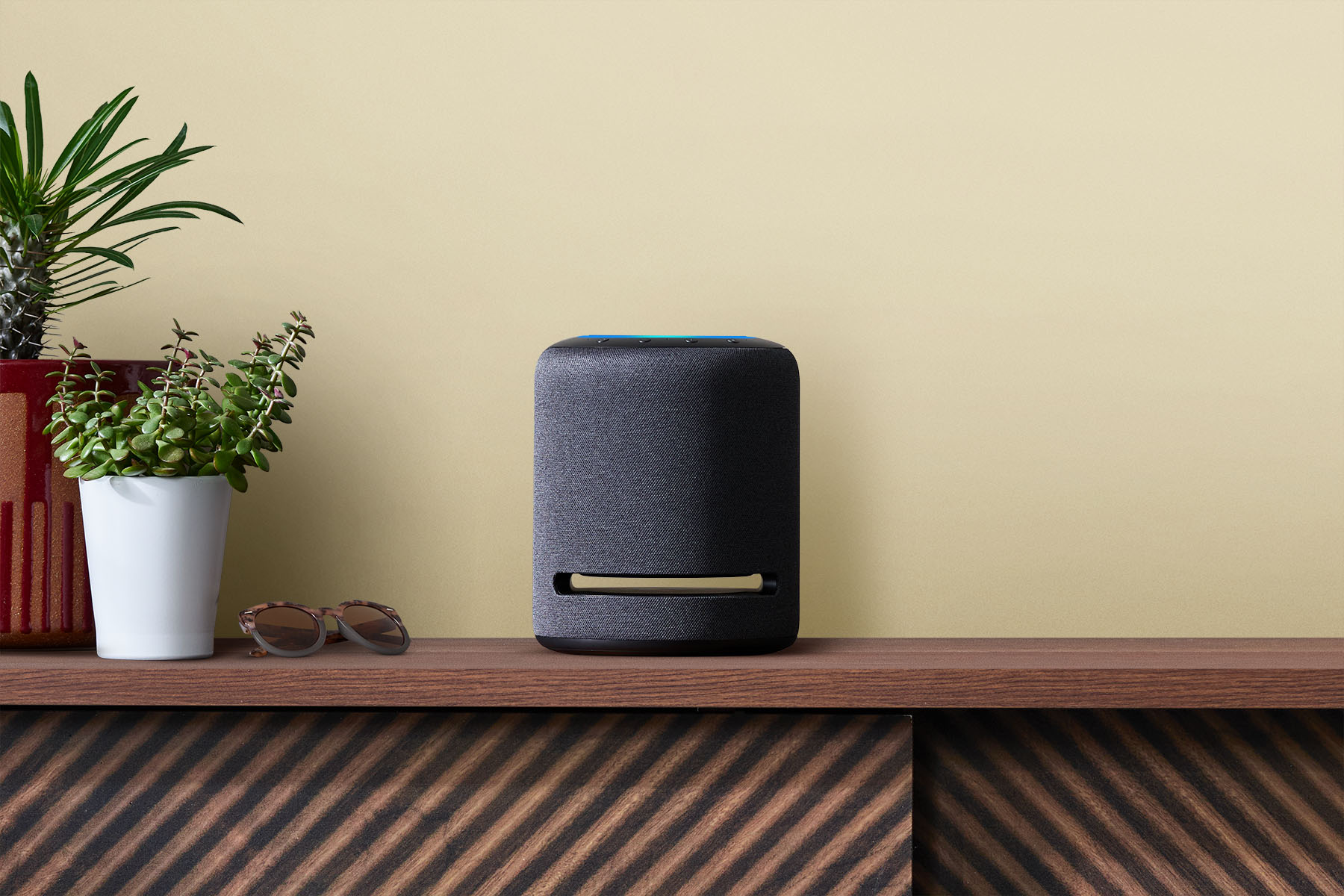 Echo Studio on a cabinet next to small potted plants