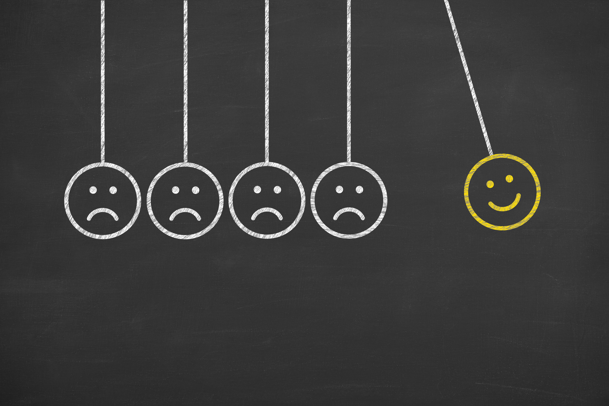 Chalkboard drawing of four frowning faces attached to strings and one smiling face attached to a string that's separate from the frowning faces