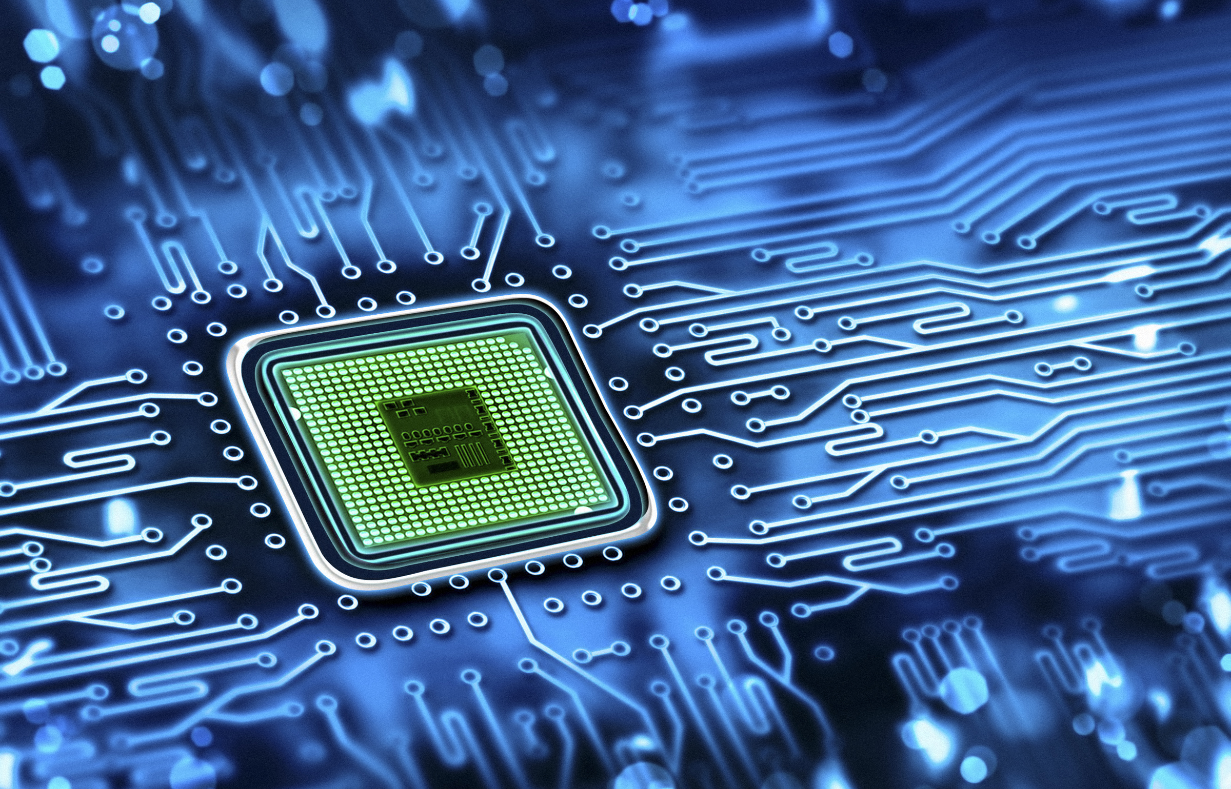 Illustration of an illuminated square memory chip with electronic circuits emanating from it.