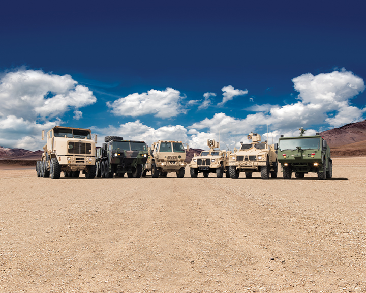 Oshkosh's line of rugged military and firefighting vehicles.