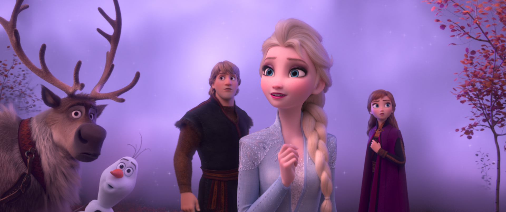 Sven, Olaf, Kristoff, Elsa, and Anna with pensive goods in a foggy forest.