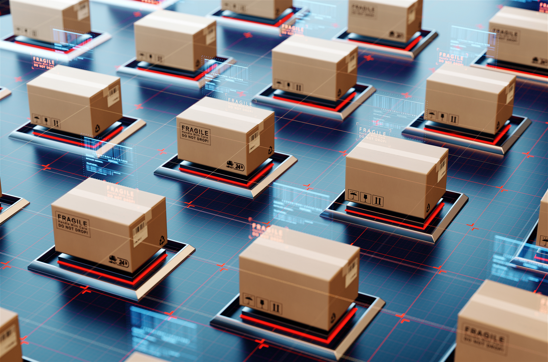 Cardboard boxes in a depiction of an e-commerce delivery system.