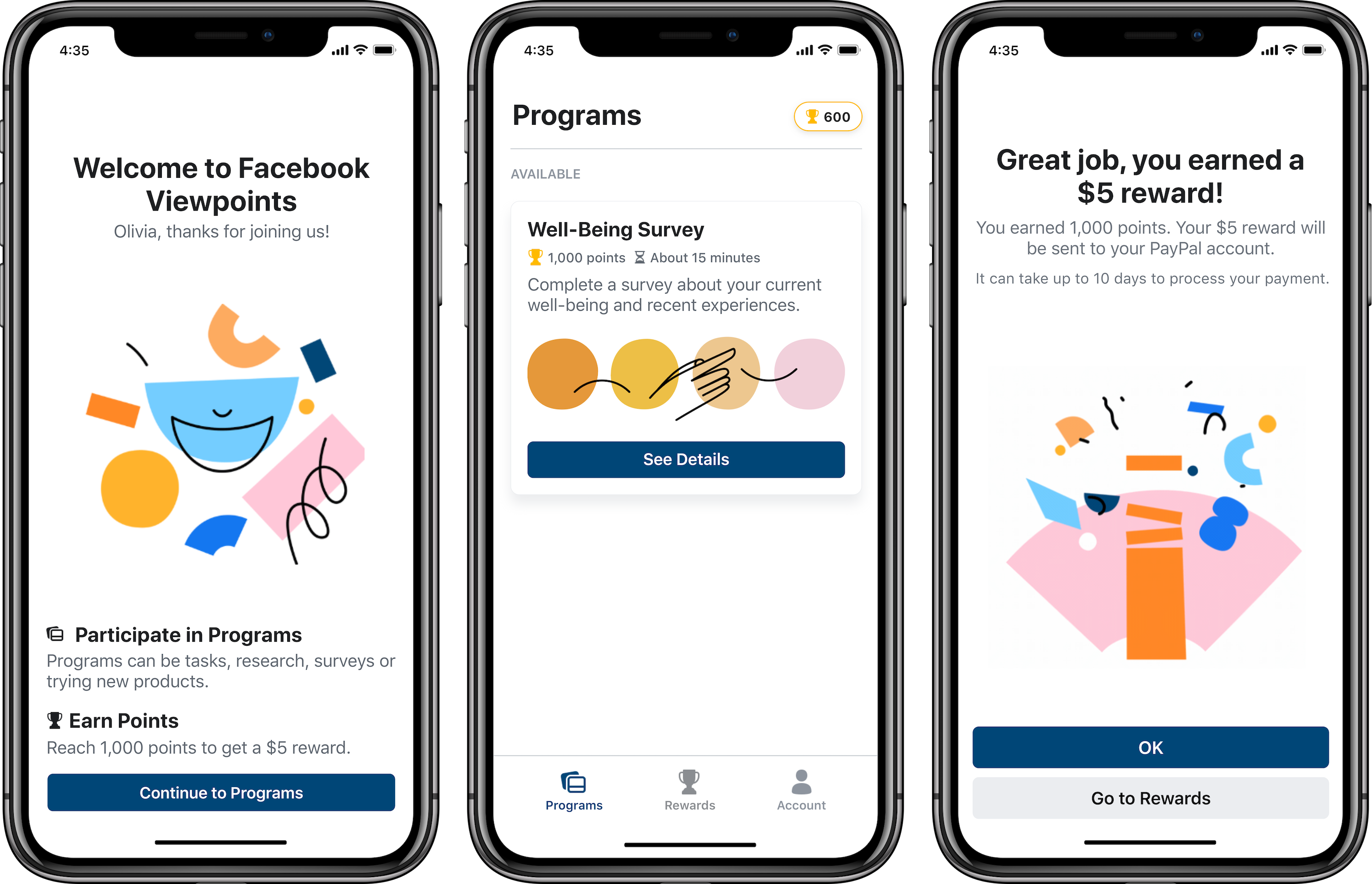 Facebook Viewpoints app interface displayed on three smartphones