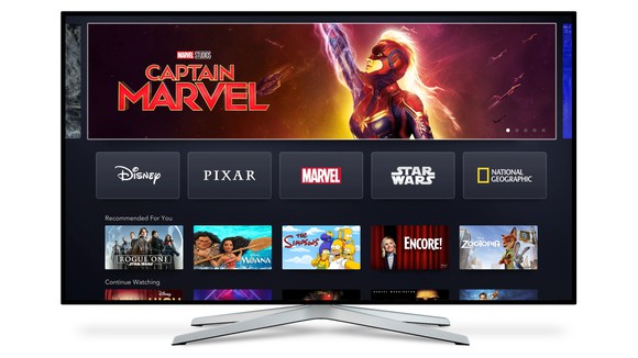 Disney+ landing page on a connected TV featuring Captain Marvel.