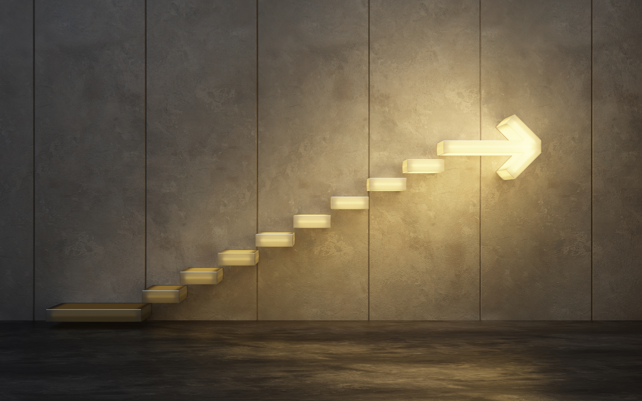 Illuminated staircase with arrow as top riser.