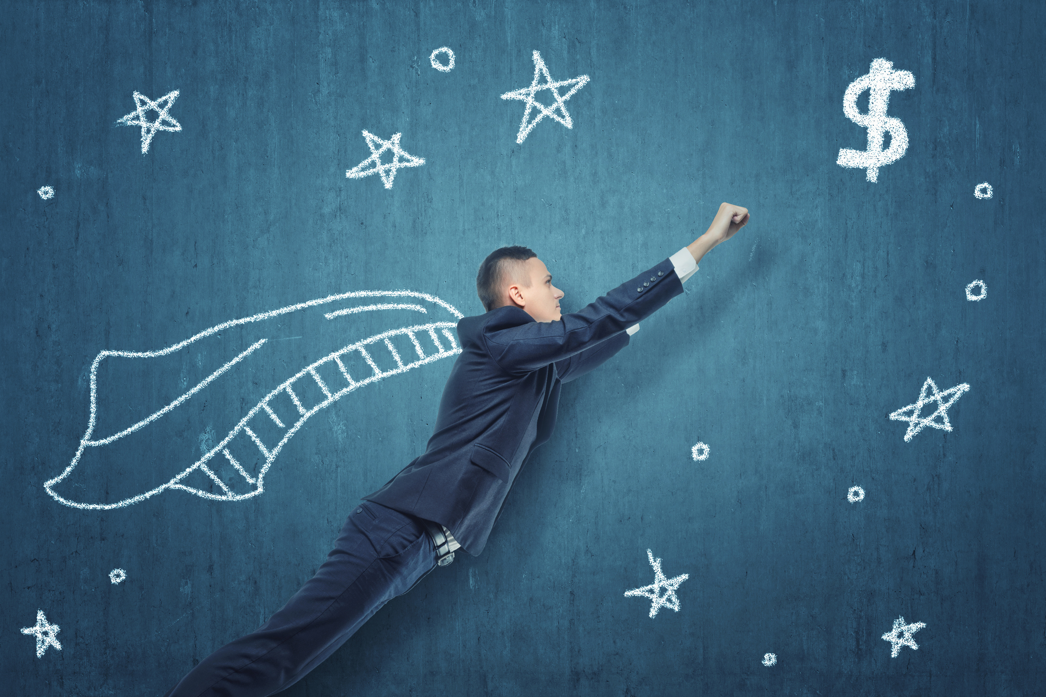 A man in a suit with a cape flies through a star field towards a dollar sign