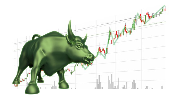 A bull in front of a rising stock chart.