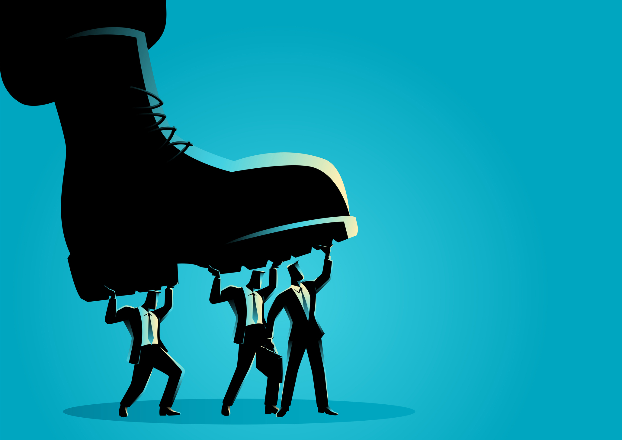 A giant boot tries to stomp out three businessmen.