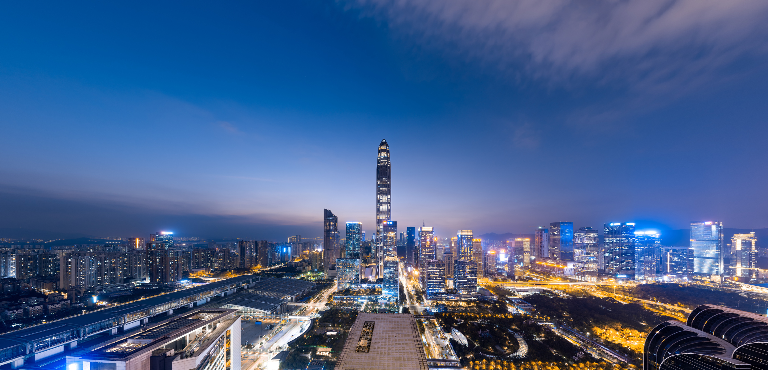 The Ping An tower viewed from a distance at night in Shenzen. 