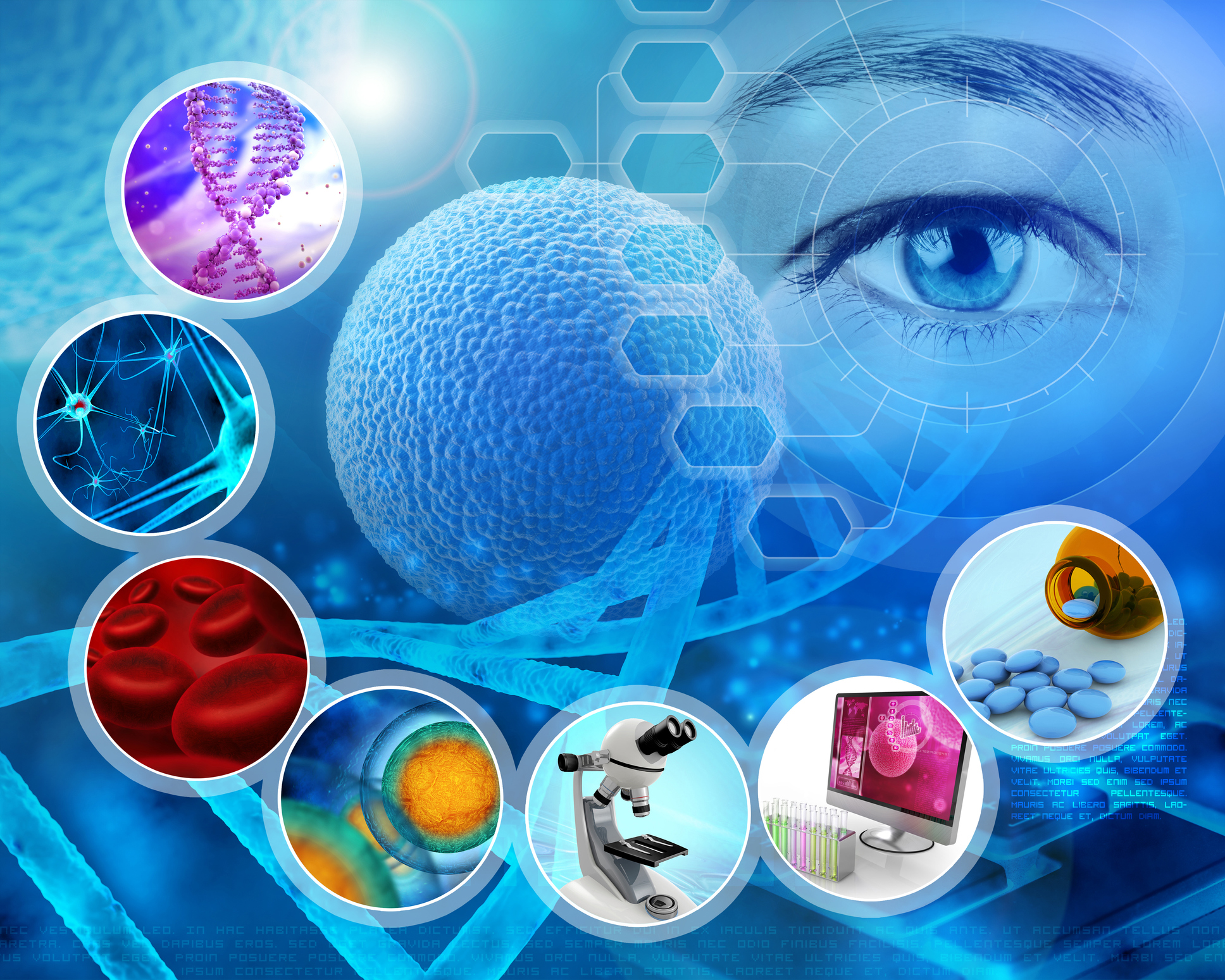 an illustration related to biotech showing a dna strand, cells, blood, microscopes, computers and pills