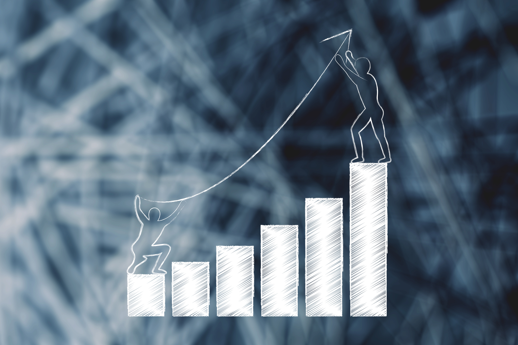 Sketch of increasing bars with figures holding up a curved arrow