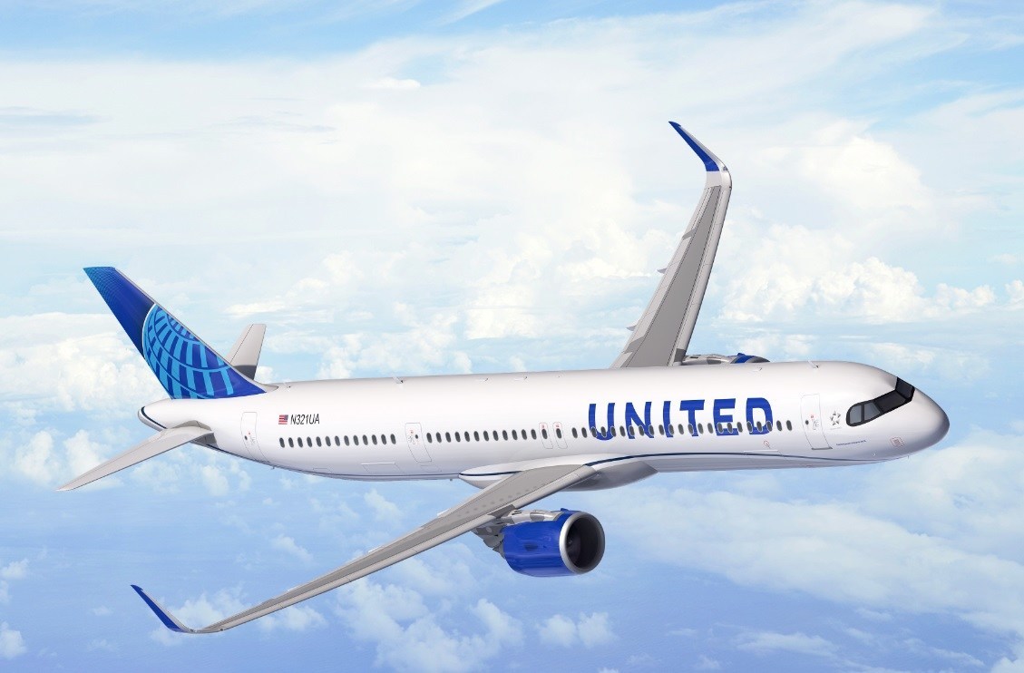 A rendering of an Airbus A321XLR in the United Airlines livery