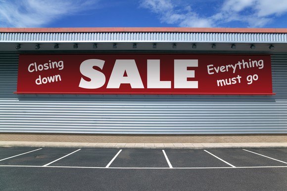 Red banner hanging outside a store, with the words Closing Down, Sales, Everything Must Go.