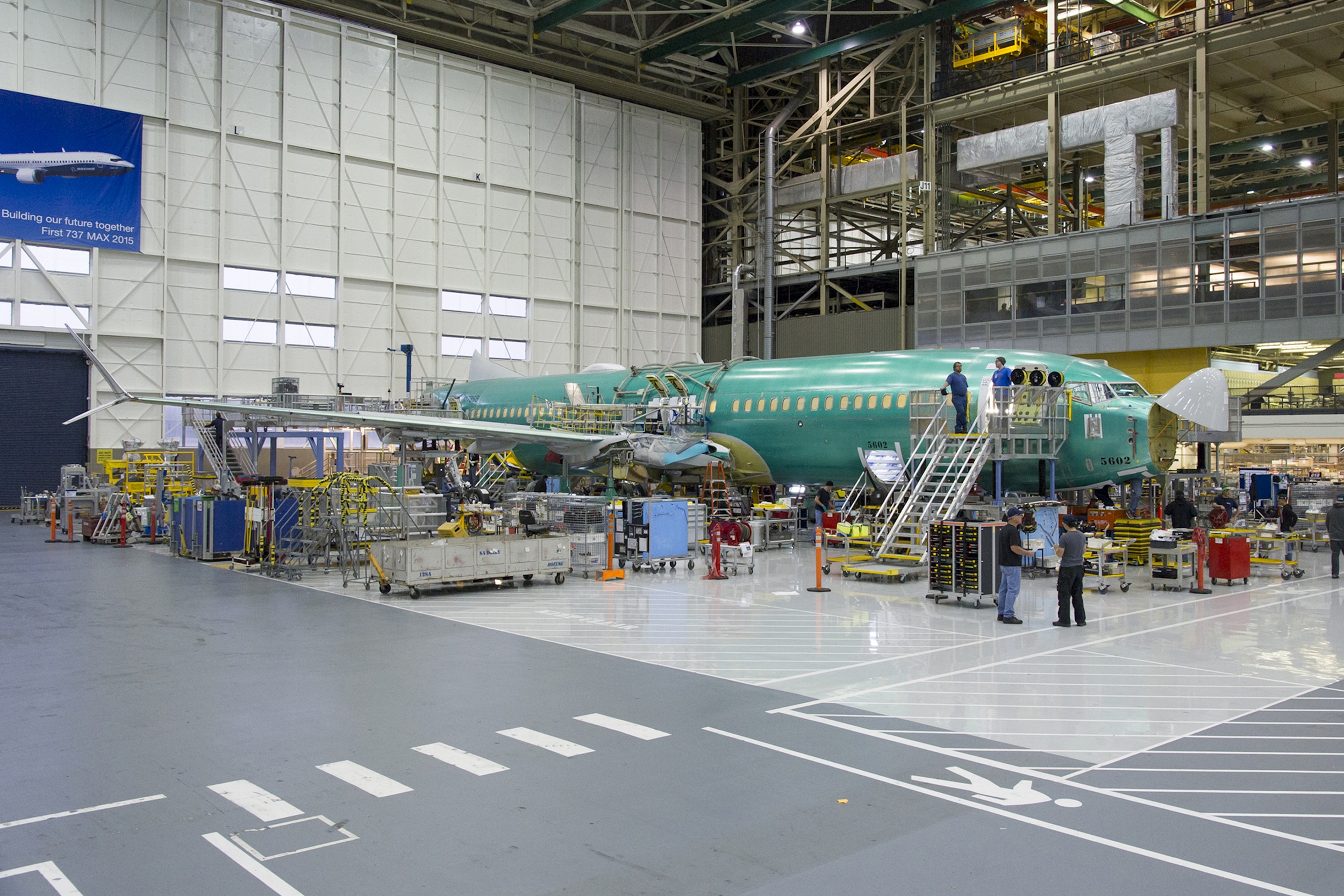 A 737 MAX under construction at Boeing's factory