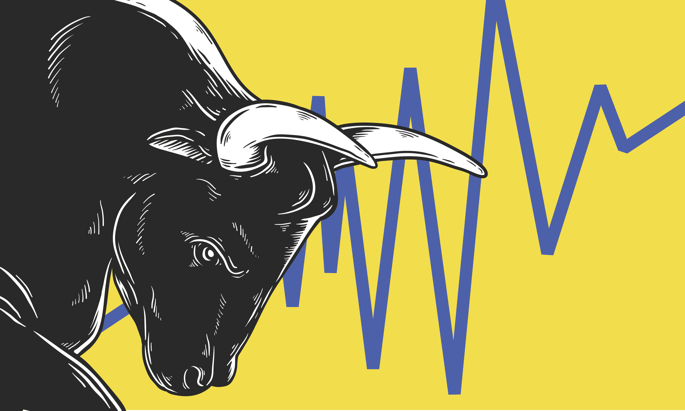 A cartoon bull with its head bowed next to a volatile stock chart behind him.