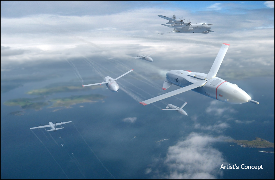 Rendering of drones being launched from an airplane.