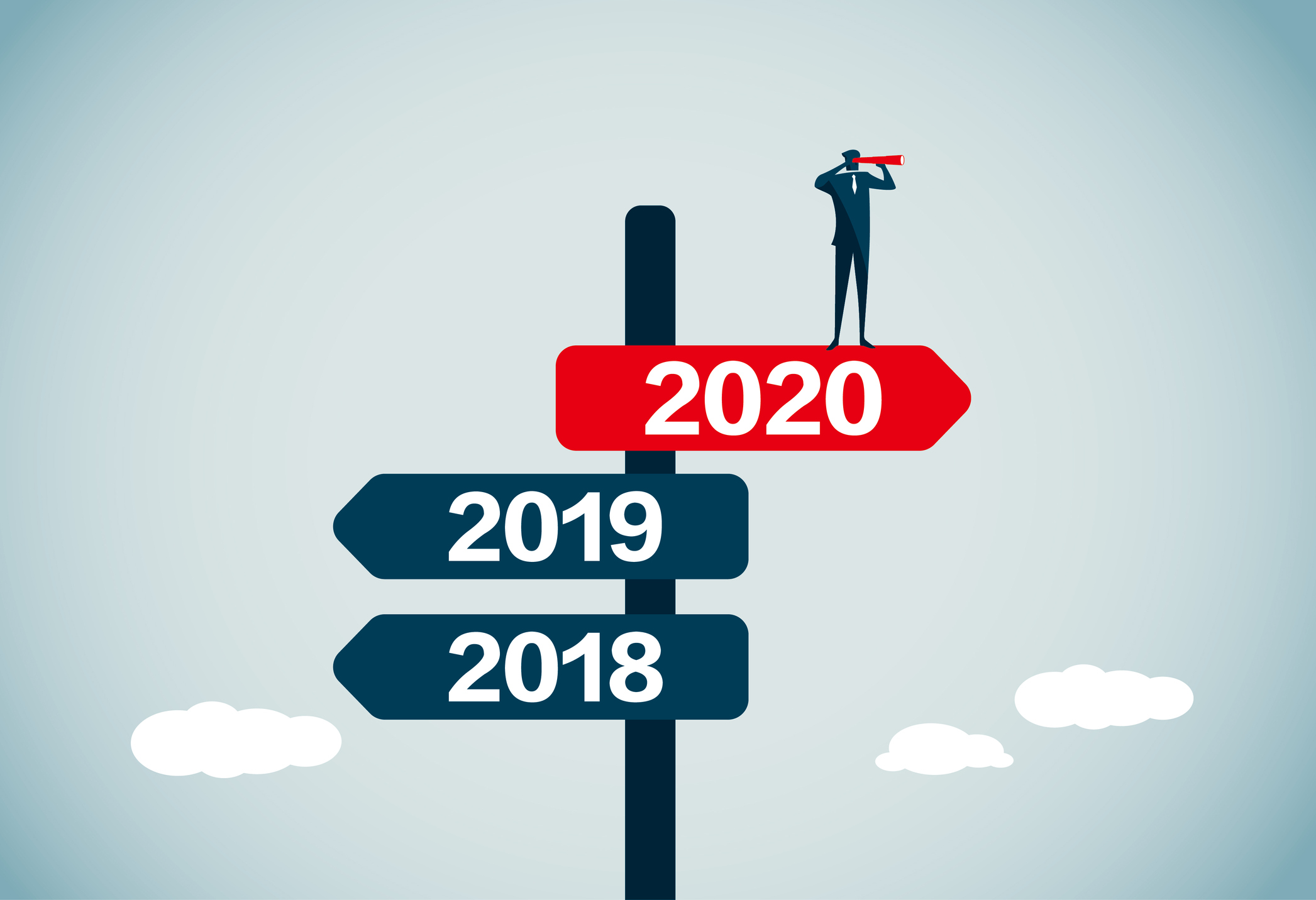 A picture of a man standing on a sign in red that says 2020, with two other signs in blue below it that say 2019 an 2018 and are pointing in the opposite direction.