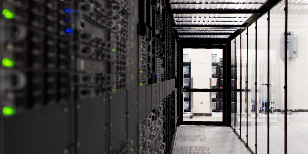 A row of servers in a cloud data center.