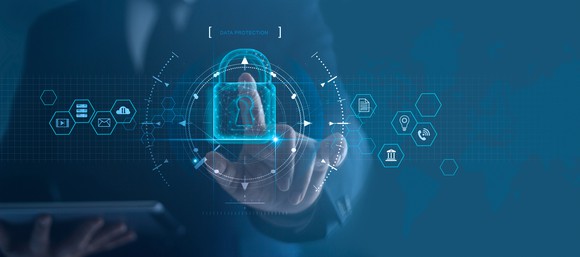 A person touching a lock icon.