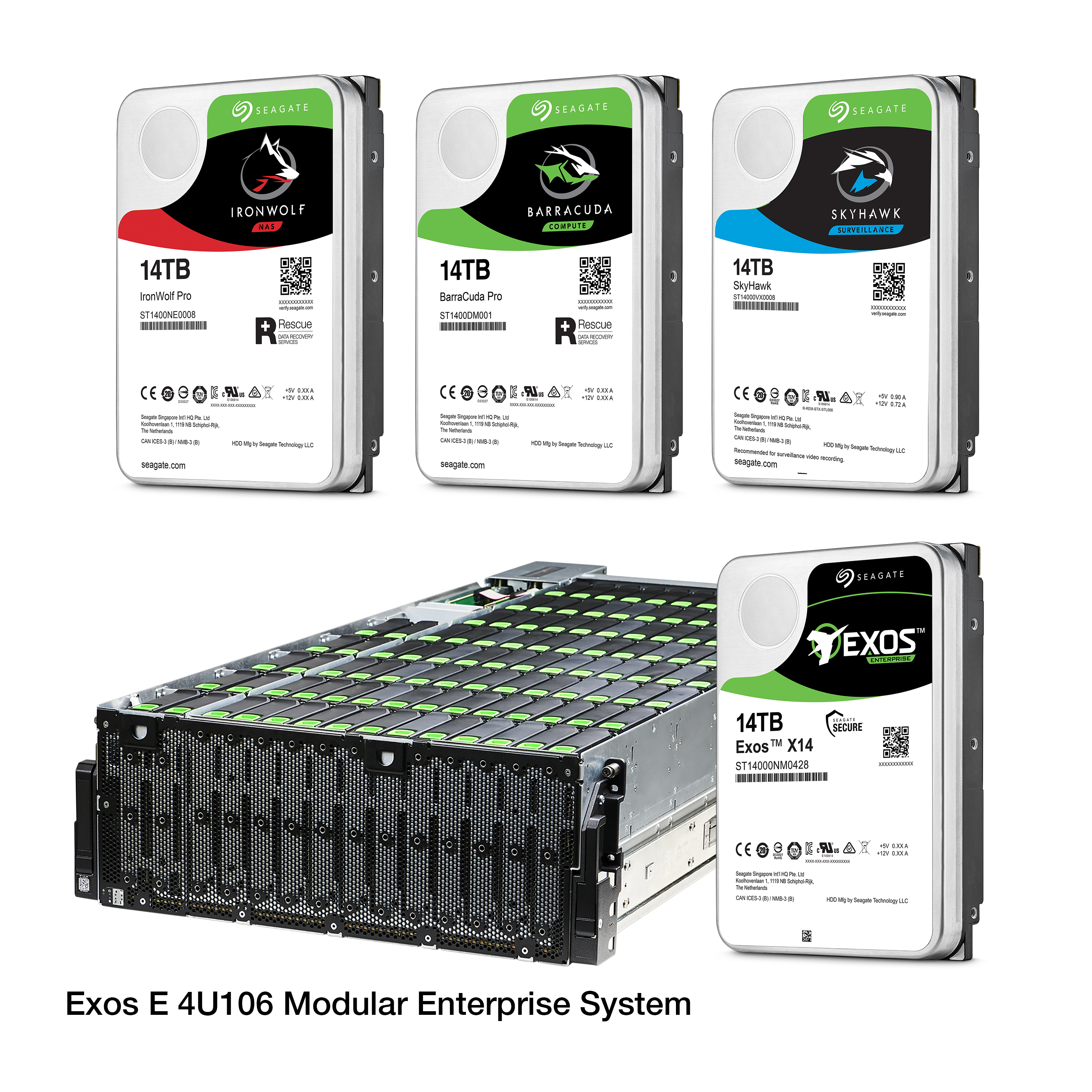 Group of Seagate enterprise level hard drives and storage rack.