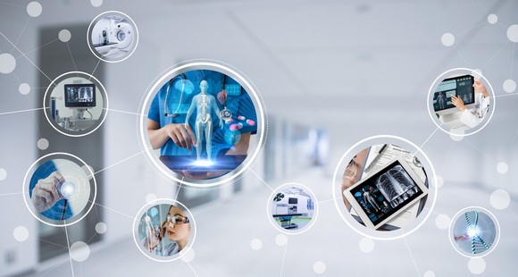Small photos of medical technology with a hospital hallway in the background