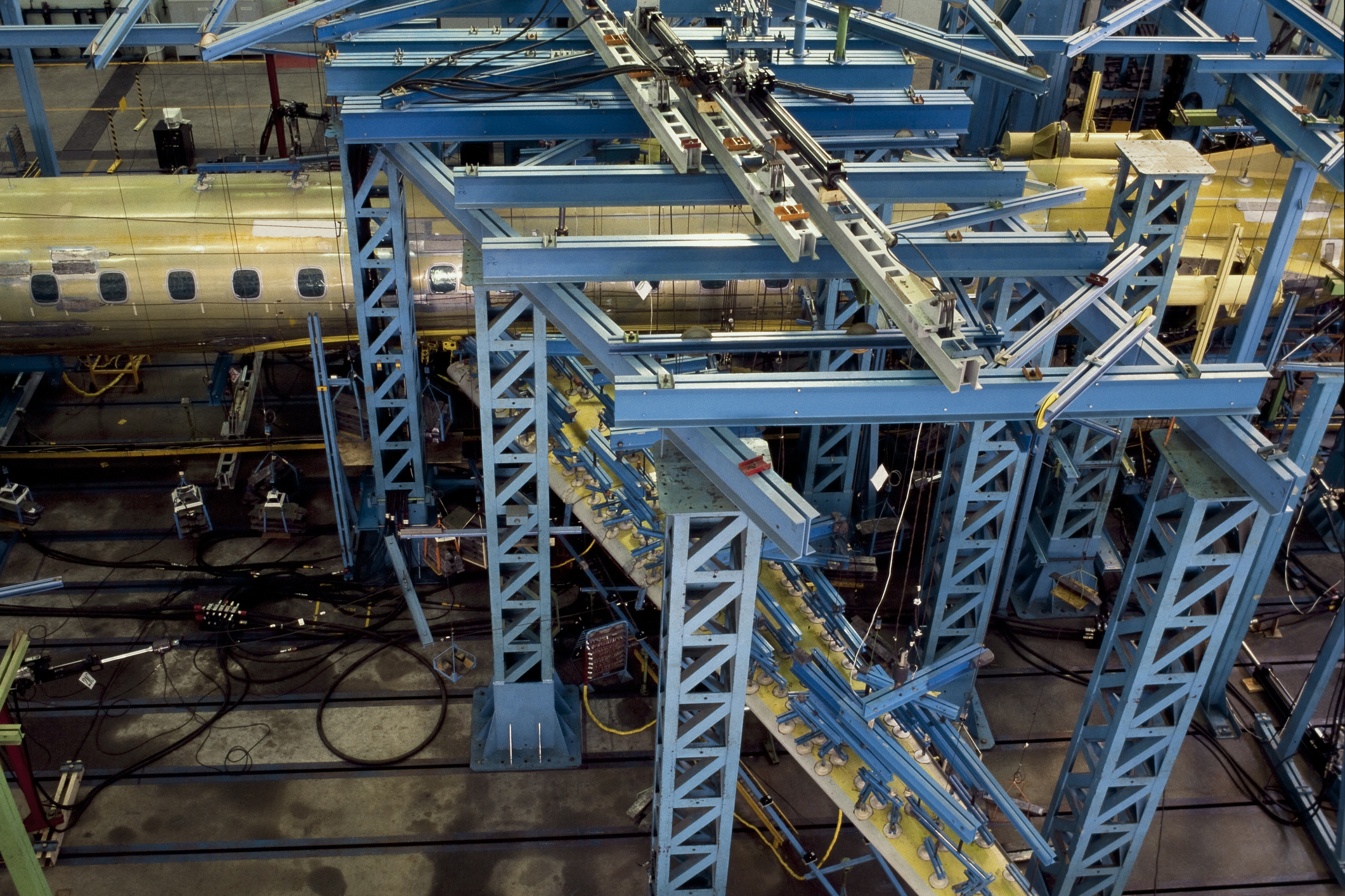 An aircraft assembly line.