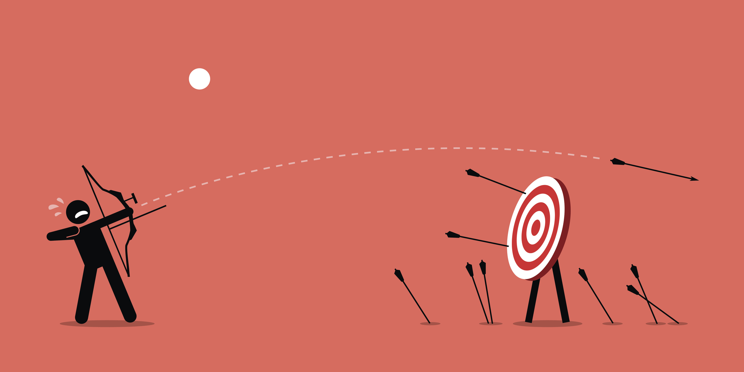 A man with a bow and arrow repeatedly misses the target board.
