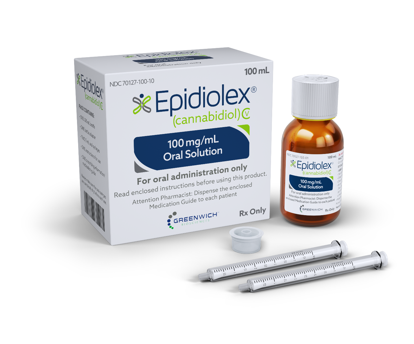 An Epidiolex box, bottle, and syringes.
