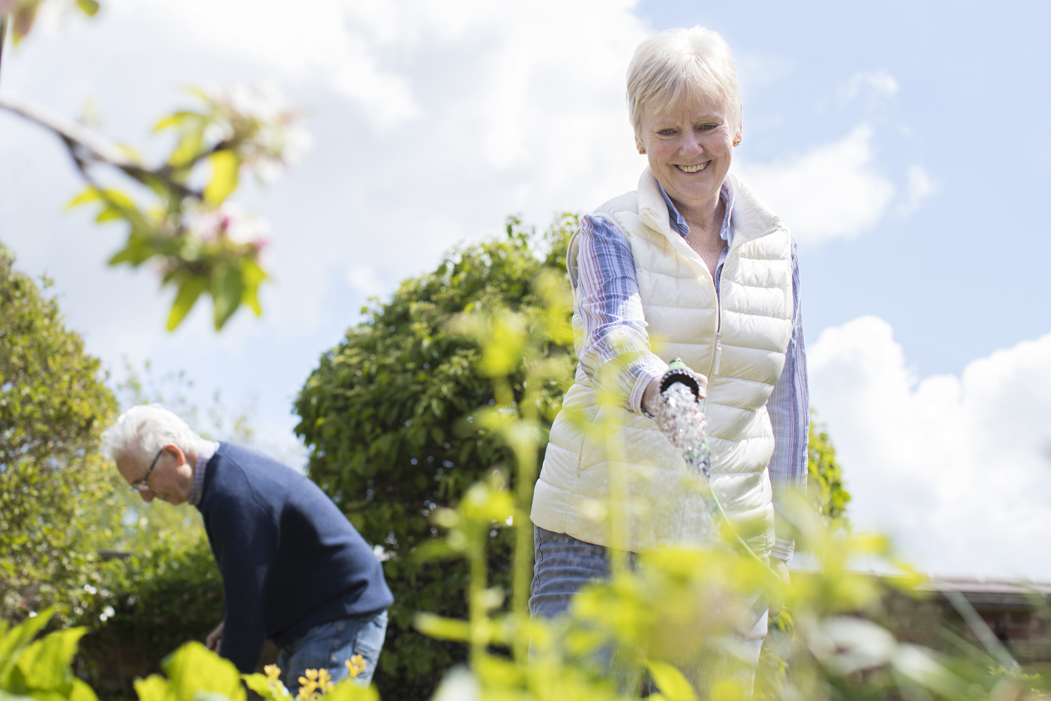 Older man and woman gardening