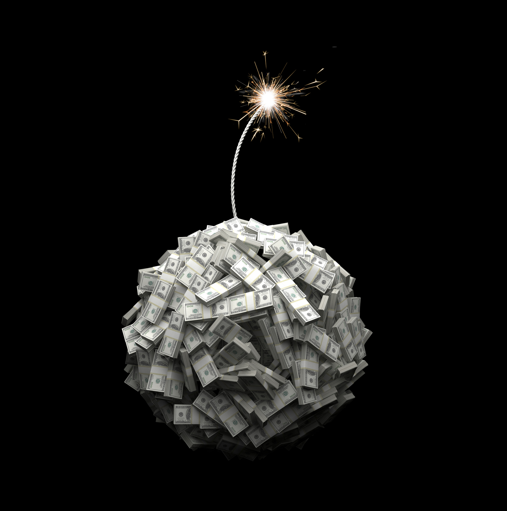 A bundle of dollar bills in the shape of a bomb with a lit fuse on top.