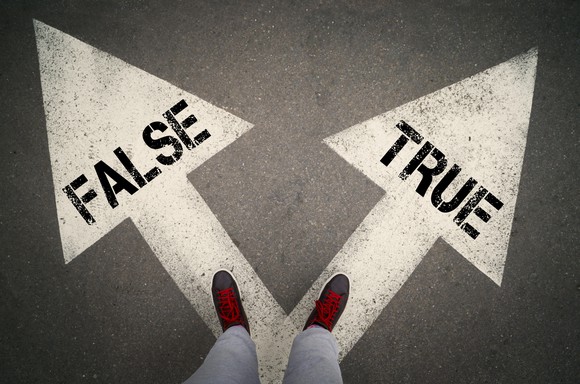 Feet standing on two arrows marked TRUE and FALSE, pointing opposite ways