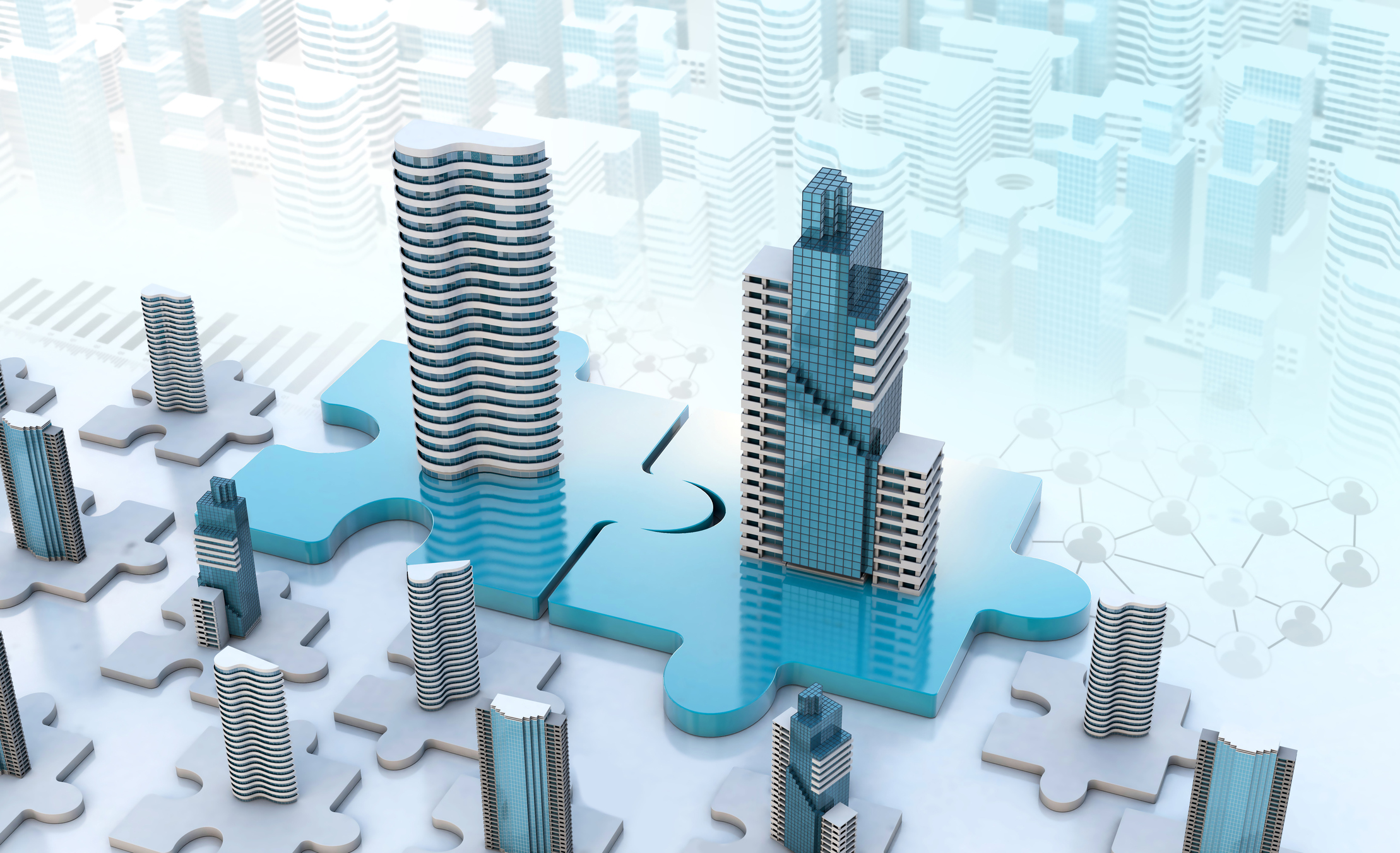 Two buildings on puzzle pieces being pieced together.