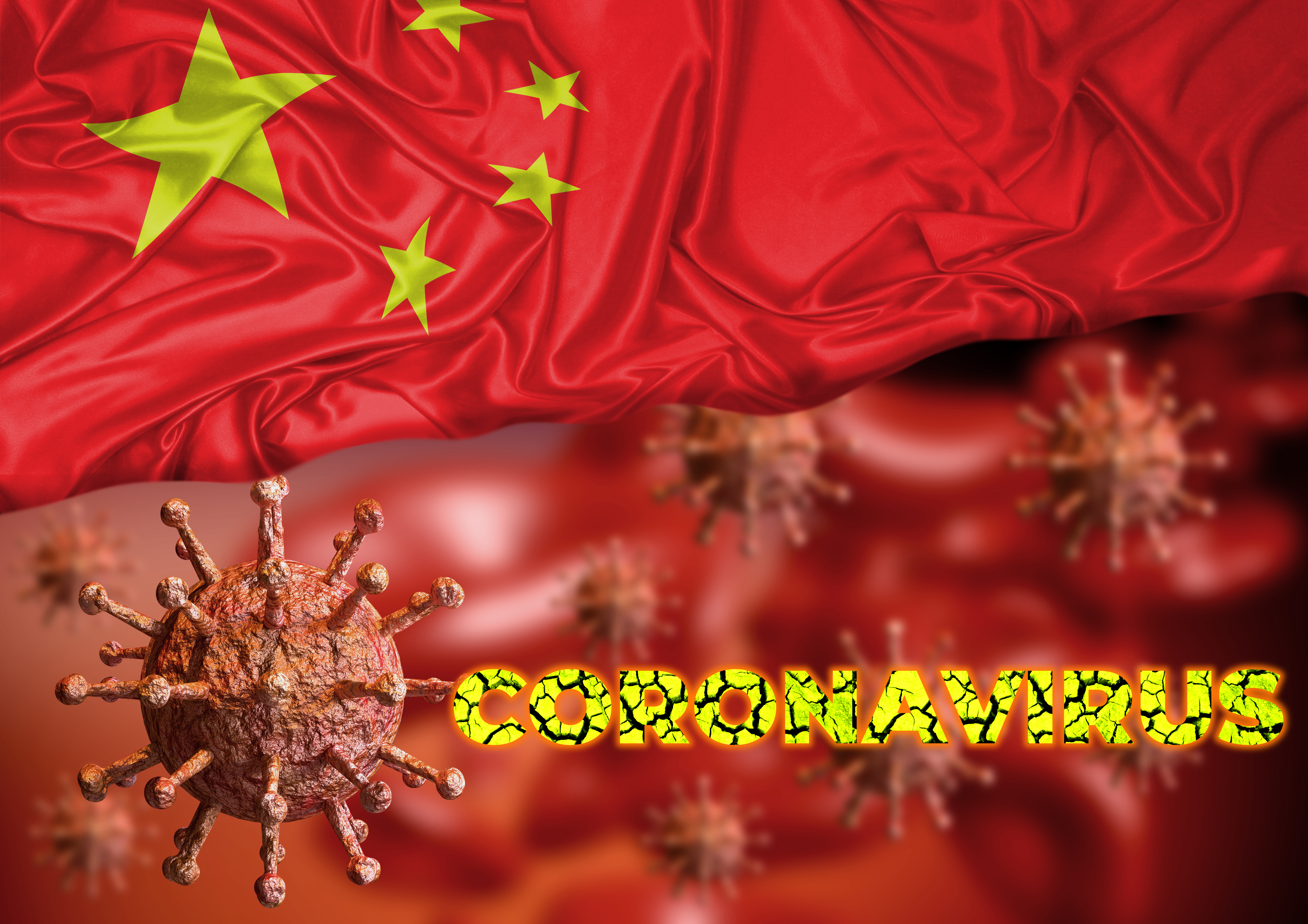 Collage of a microbe, word coronavirus, and Chinese flag