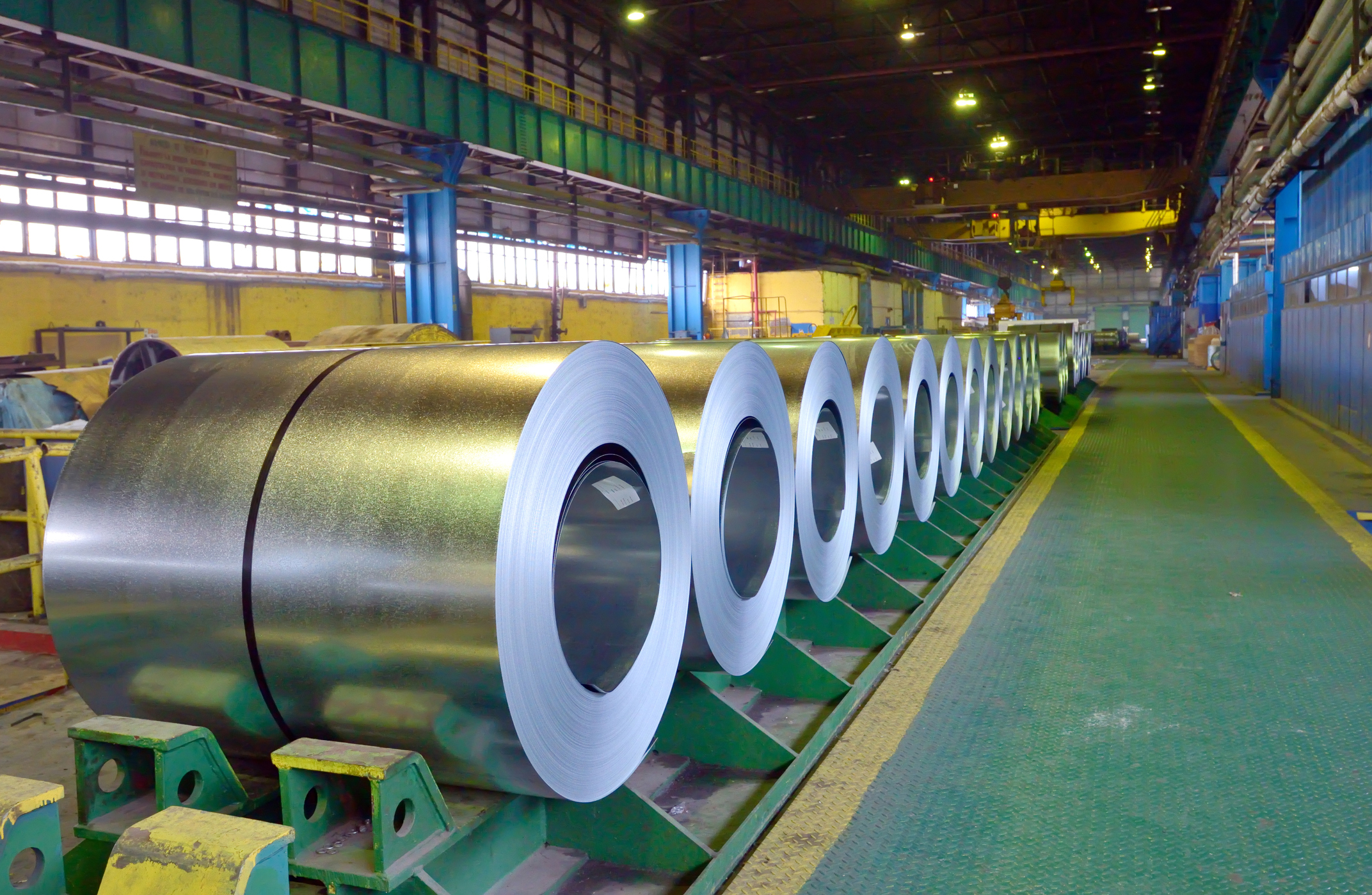 Galvanized steel coils in a storage building