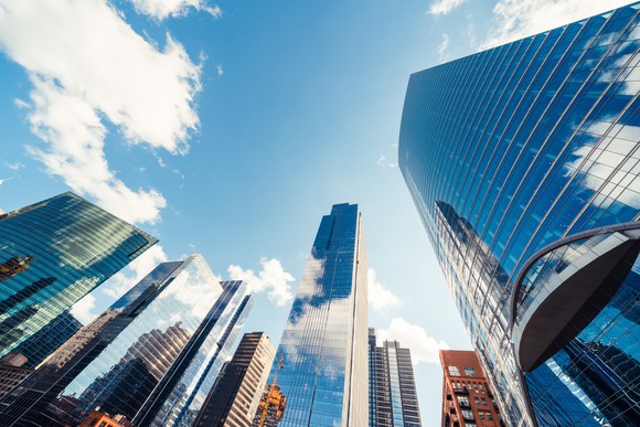 A bottom-up look at an assortment of skyscrapers. 