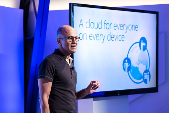 Microsoft CEO Satya Nadella giving remarks on his company's cloud services. 