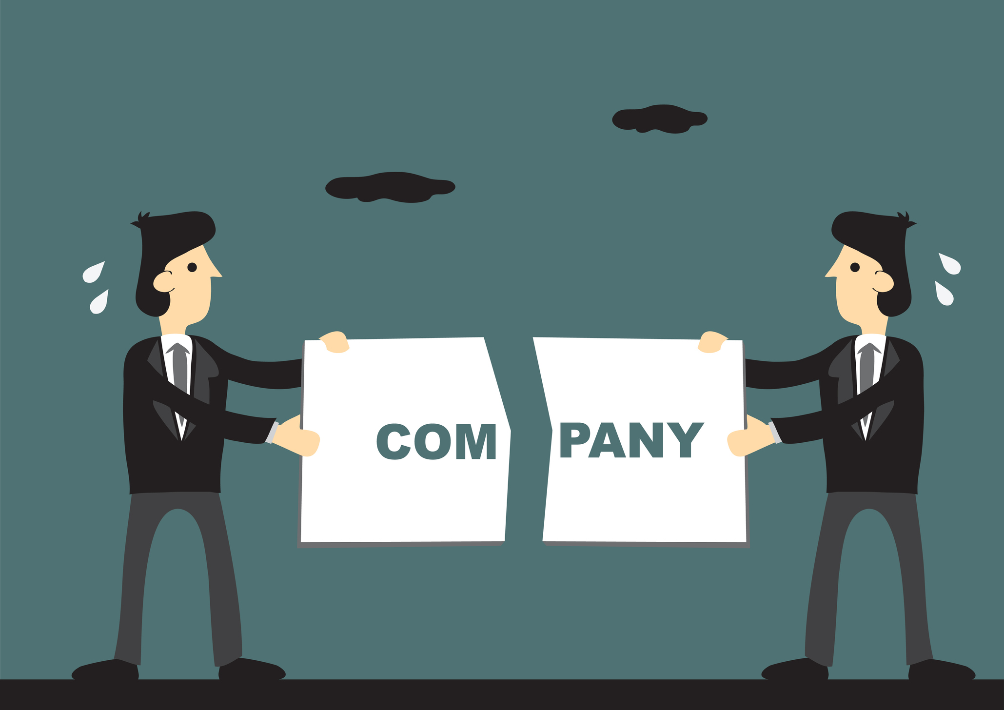 Cartoon of two people pulling apart a "company" sign.